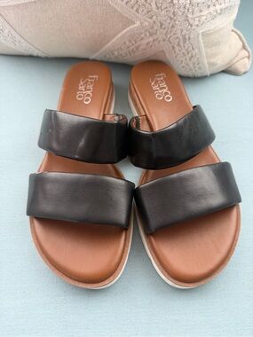 Franco Sarto Black Double-Strap Slide Sandals with Brown Footbed